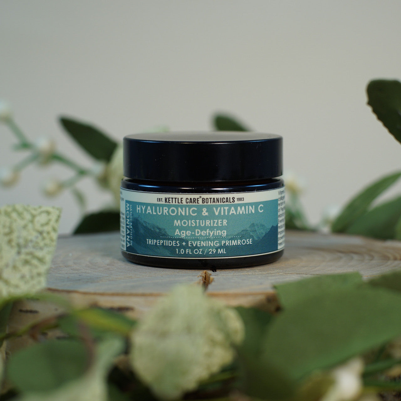 This is a photo of our Vitamin C & Hyaluronic Acid Cream, which helps to hydrate and plump the skin. Vitamin C brightens and Hyaluronic Acid helps to hydrate.