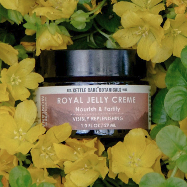 Jar of Royal Jelly Crème surrounded by yellow flowers and green leaves