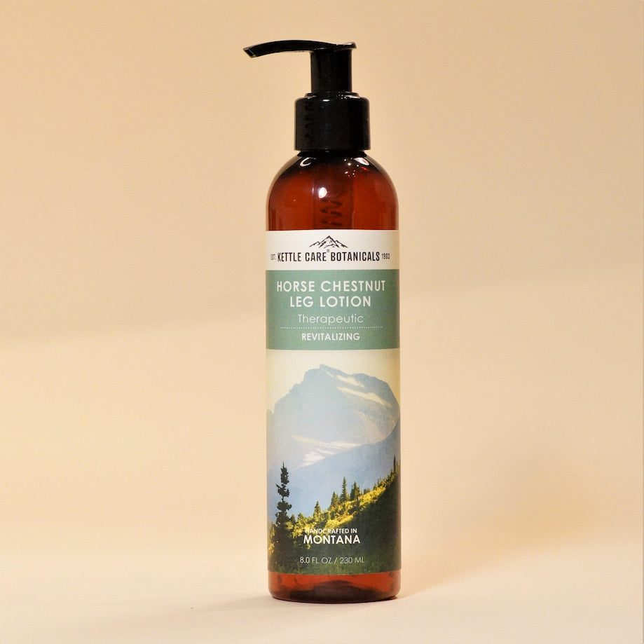 This is a photo of our Horse Chestnut Cream in lotion form, delivered in an 8oz pump bottle. Formulated with Horse Chestnut, Butcher's Broom and Gotu Kola