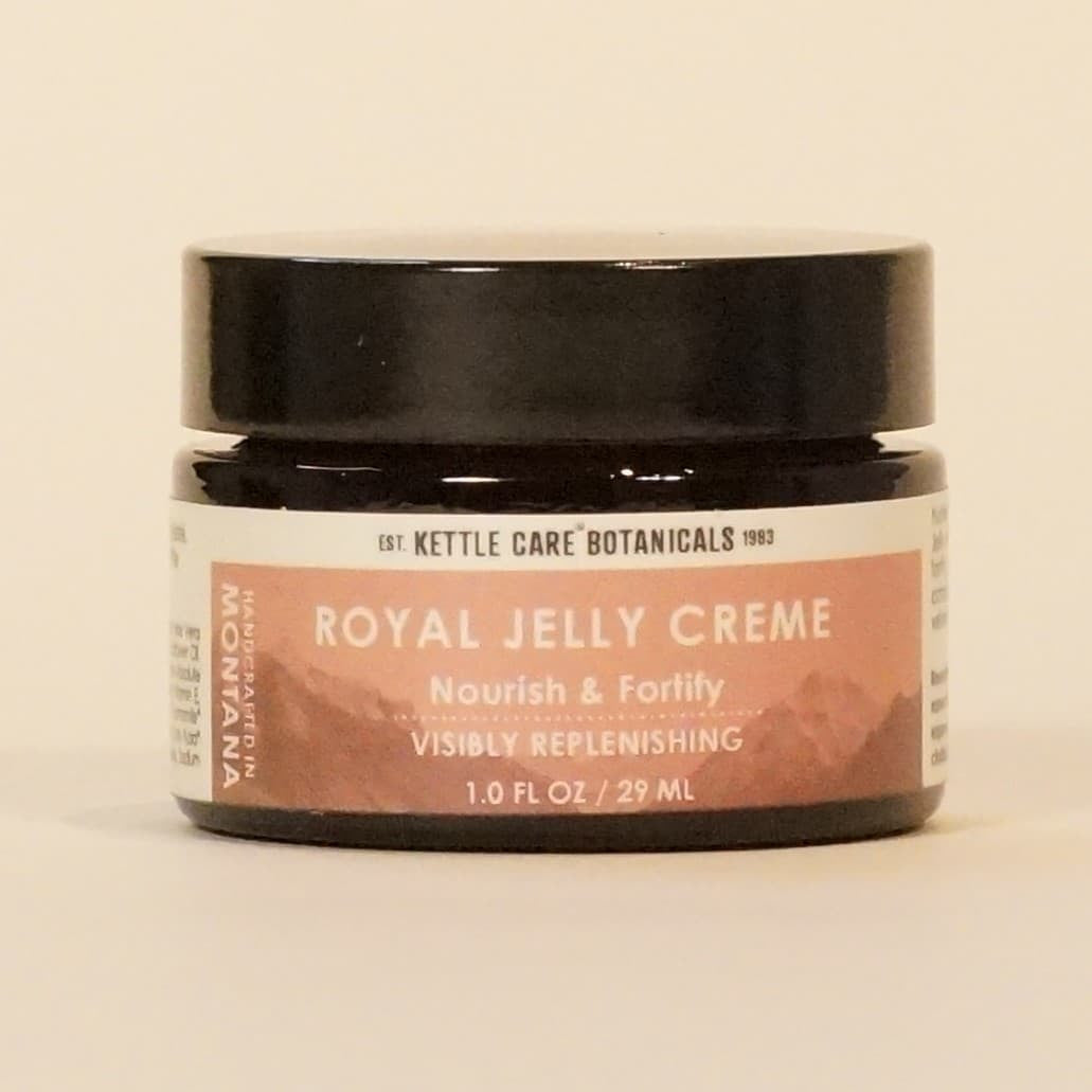 This is an image of a jar of 1oz Royal Jelly Face Cream, made with Pure oils and butters and therapeutic grade Essential Oils.