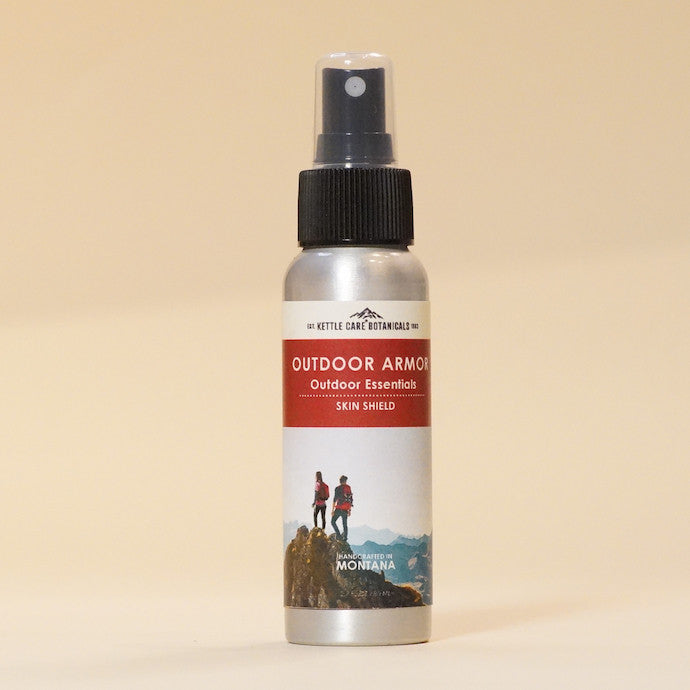 A 2.7oz metal bottle of Outdoor Armor, healthy bug spray with Lemon Eucalyptus Oil, a natural DEET alternative, to prevent mosquitos and ticks from biting