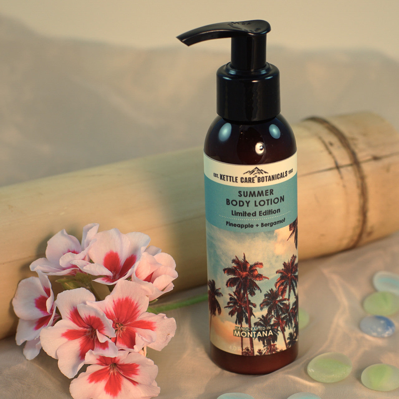 This is a picture of our Pineapple & Bergamot Body Lotion in a 4oz amber bottle with a pump top