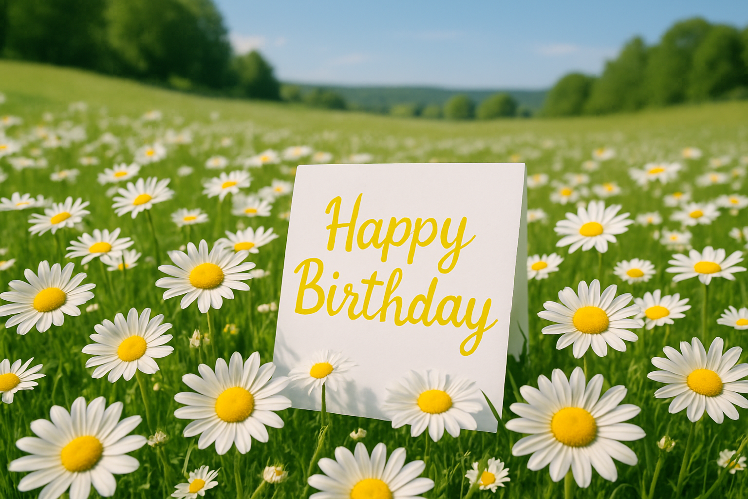 a field full of daisies with a card saying happy birthday written in yellow